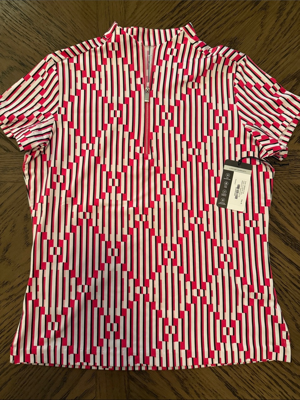 Tail Fushia Pink and White Geometric Short Sleeve Zip-Front Tee
